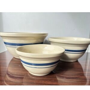 Roseville Friendship Pottery Mixing Bowl Set 3 Blue Striped Cream Nesting